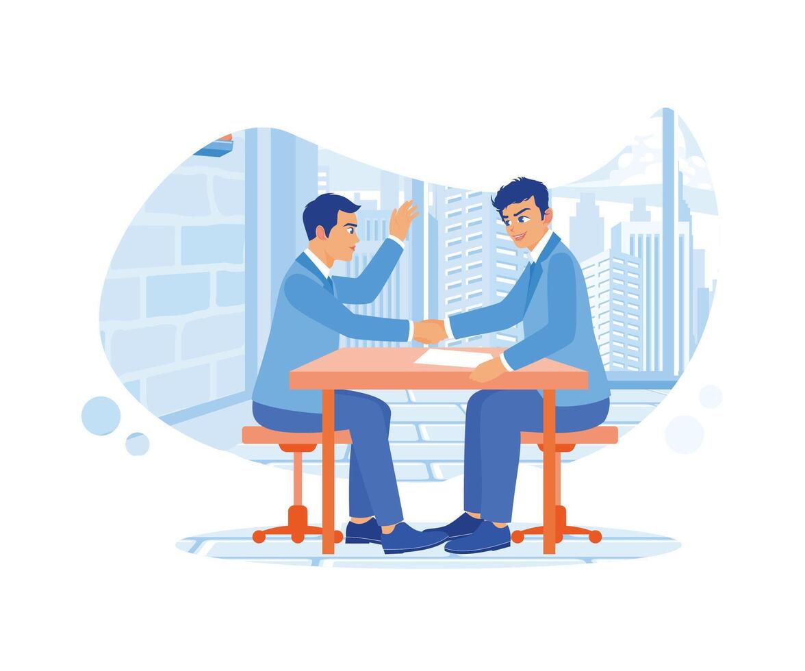 HR managers greet applicants before job interview process, They shake hands feeling satisfied after negotiation. Agency worker meeting a client. flat vector modern illustration