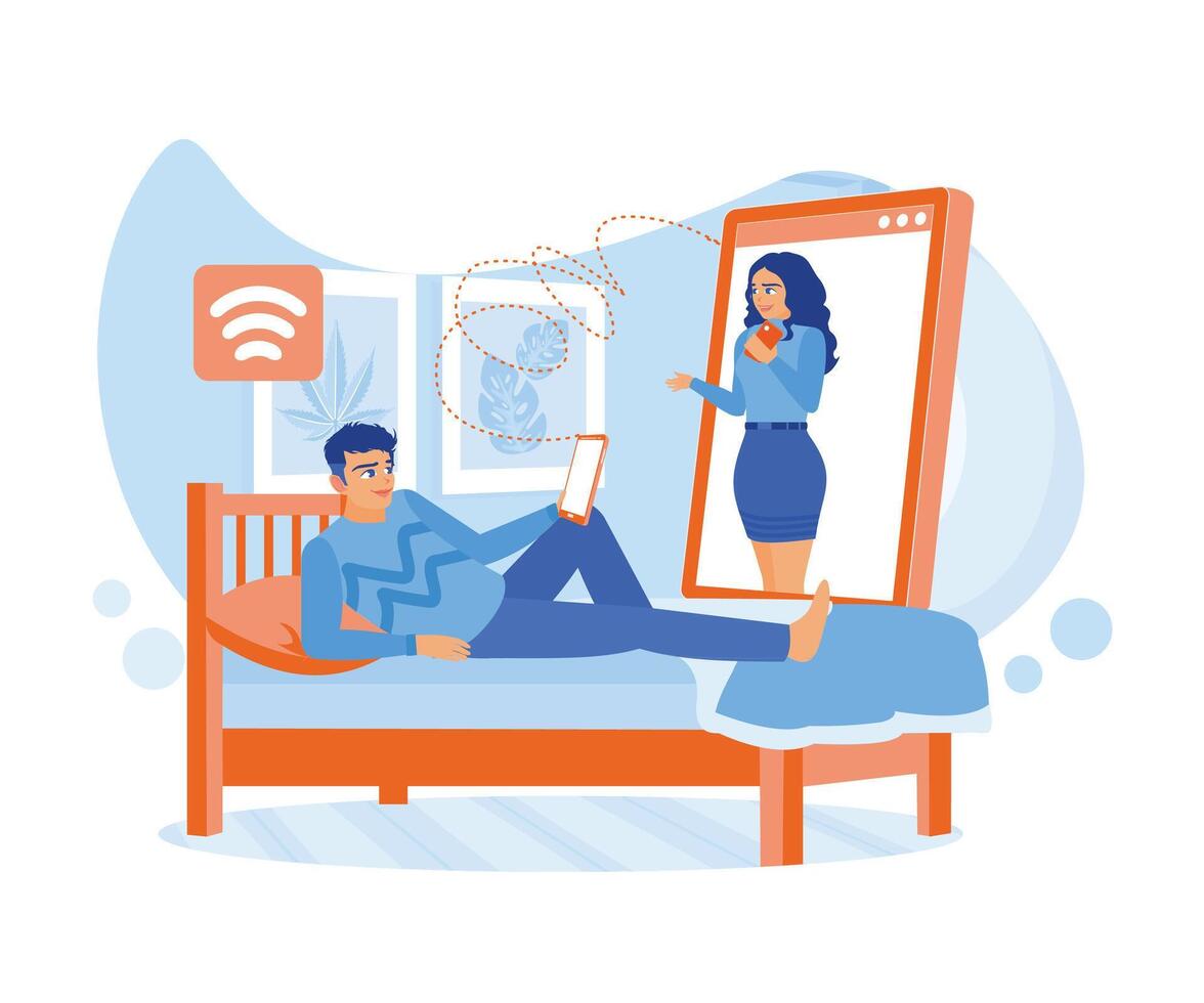 hombre acostado en cama utilizando un teléfono inteligente a Seleccione fotos de hermosa muchachas en en línea Fechado sitio. en línea Fechado concepto. plano vector ilustración.