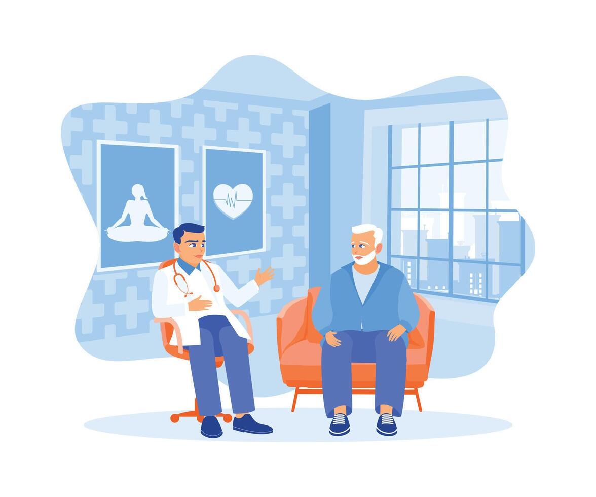 A male doctor is talking to a male patient at home. Provide health advice to patients. Doctor Talking To Elderly Patient Concept. Flat vector illustration.