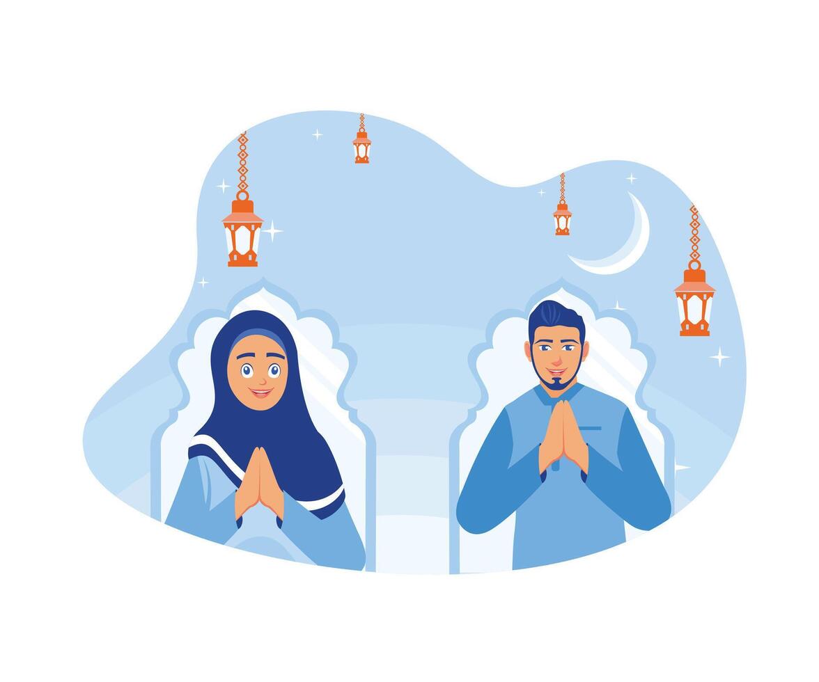 musulmán hombres y mujer con ambos manos en frente de su cofres. deseando cada otro un contento eid al-fitr y indulgente cada otro. contento eid Mubarak concepto. plano vector moderno ilustración