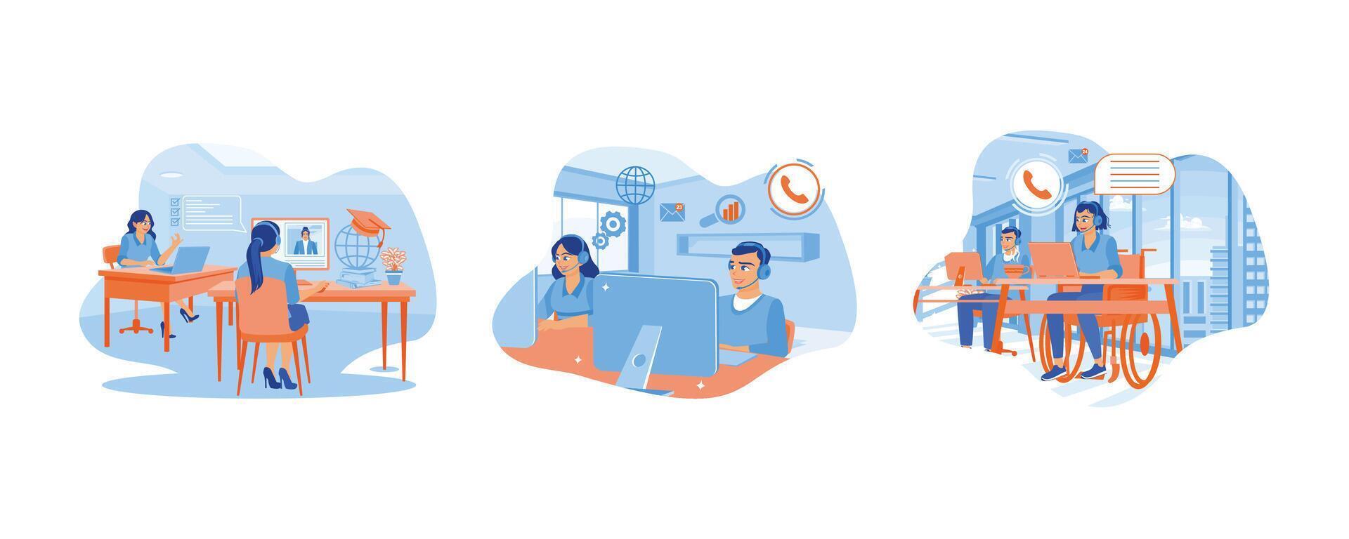 Manager giving training and education instructions.  Employee working at call center reception in disability friendly office. Woman with phone calling to customer support service concept. vector