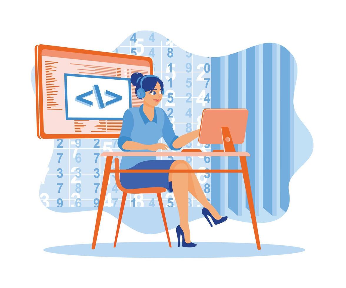 Young woman working at the computer while listening to music. Women working in modern offices. Software developers concept. Flat vector illustration.