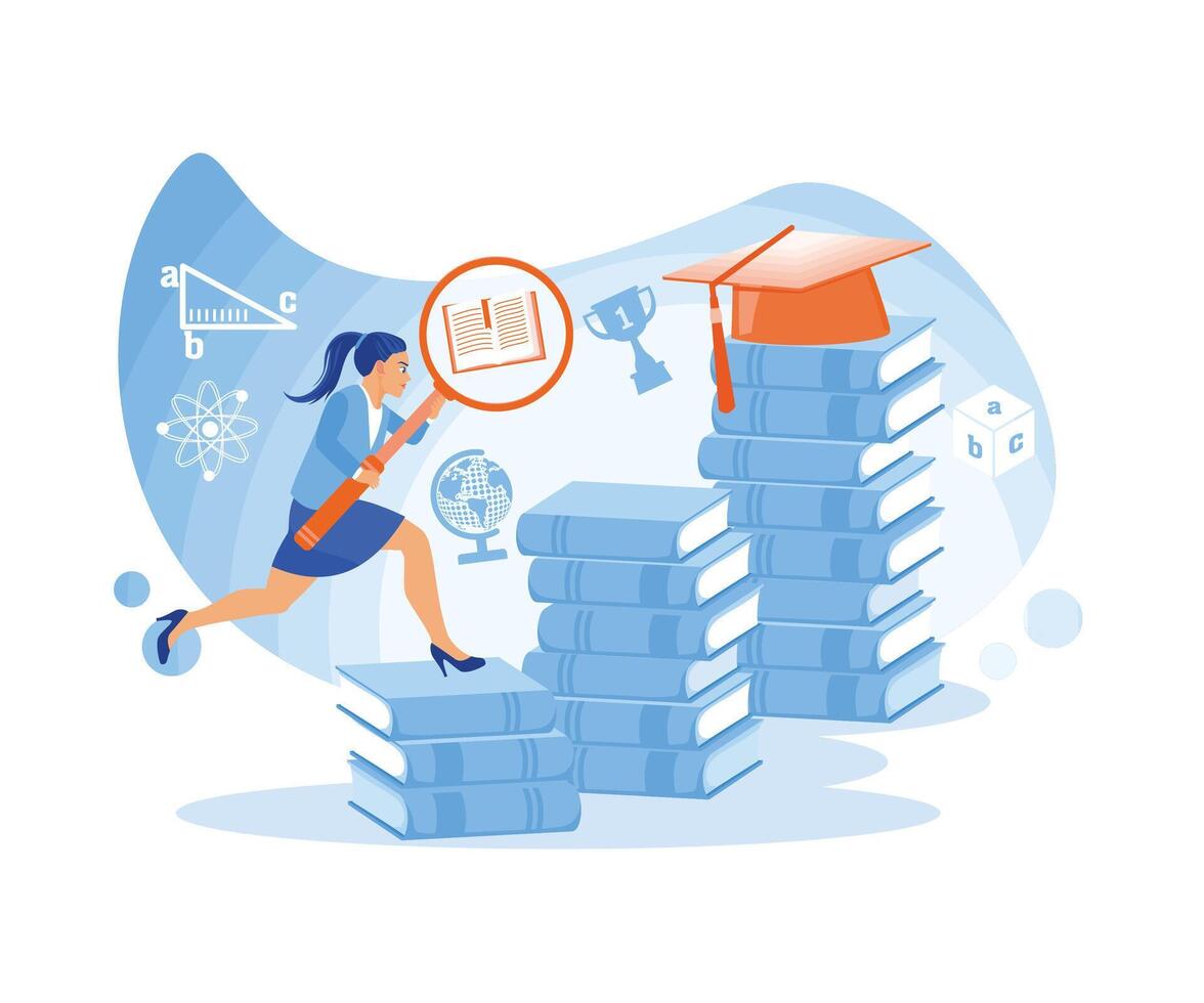 A girl holding a magnifying glass runs over a pile of books. Students access the internet to learn new information and research assignments. Students in the learning process. vector