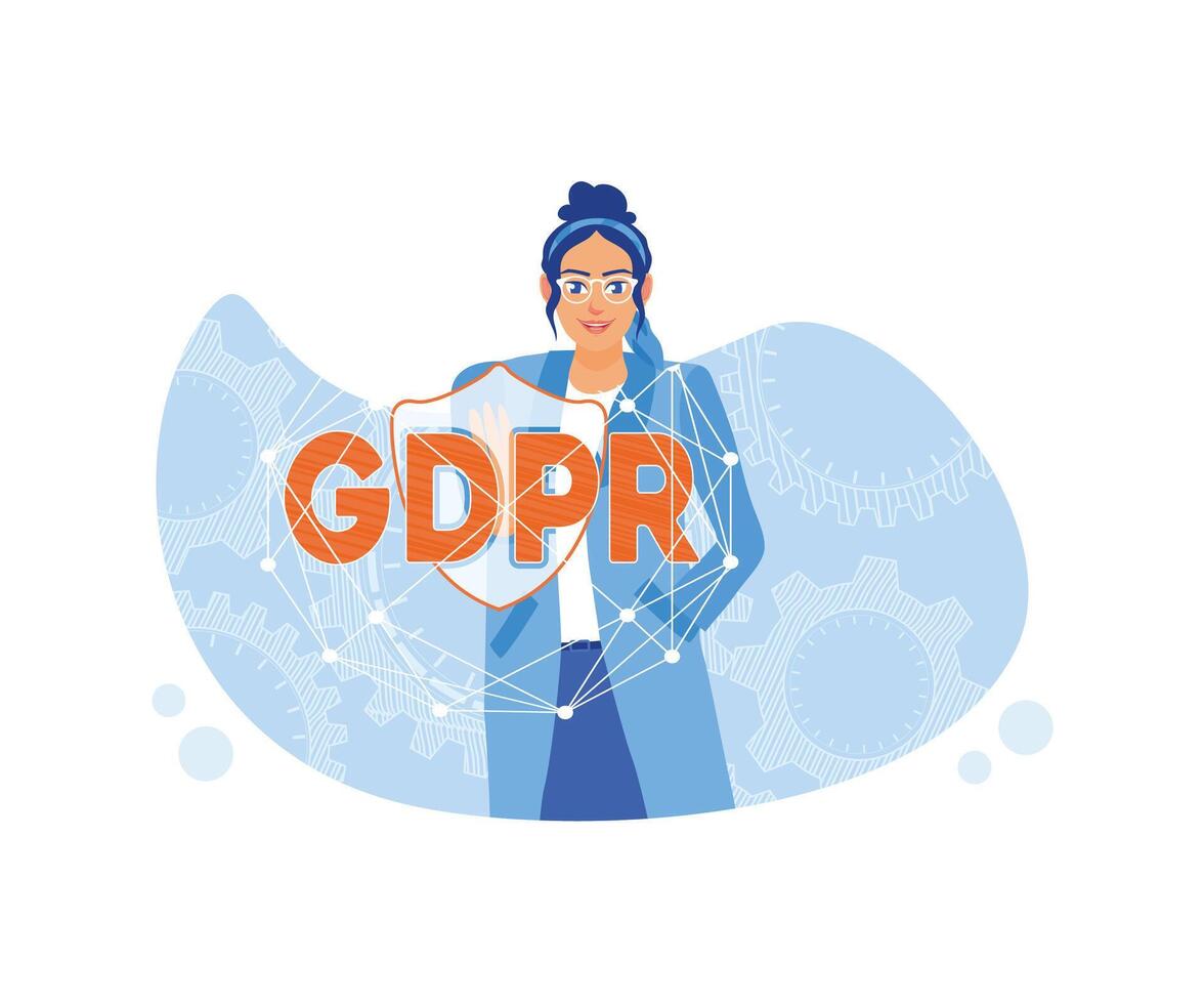 A woman in glasses and a GDPR sign. Regulations on the protection of natural persons about the processing of personal data. GDPR Concept. flat vector modern illustration