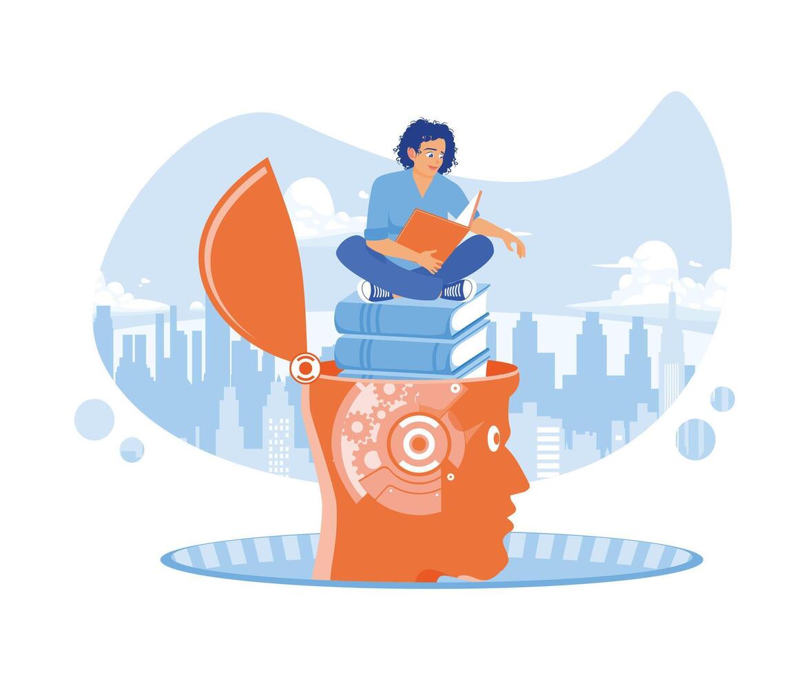 Men read books on top of growing stacks of books to gain knowledge, intelligence, thinking skills, and lifelong learning. Students in the learning process. flat vector modern illustration