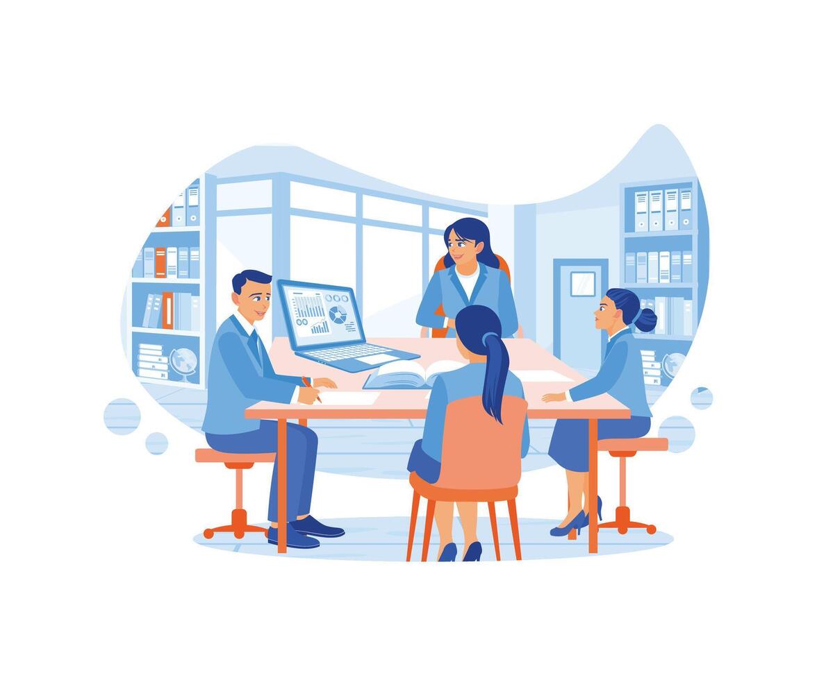 A group of cheerful students sat at a table in the library, discussing learning to write a document on a laptop. Students in the learning process. flat vector modern illustration