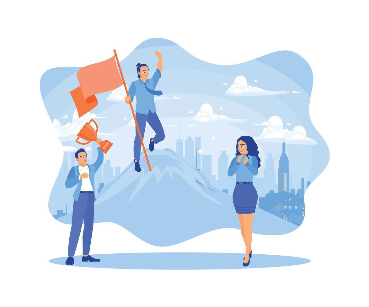 Male manager holding flag on hilltop. Businessman rejoicing and holding the trophy. Happy business team, colleagues are rejoicing in the success concept. Flat vector illustration.
