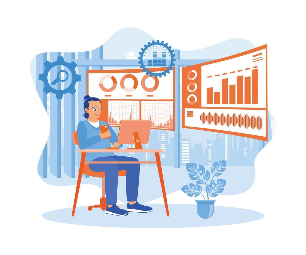 An analyst uses a dual-screen computer. Analyze business data and data management with KPIs. Business analysis concept. Flat vector illustration.