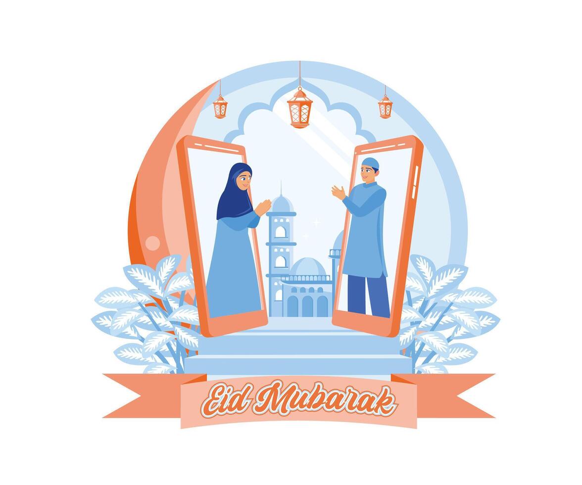 hombre y mujer haciendo un llamada vía célula teléfono. perdonar cada otro y deseo cada otro un contento Eid. contento eid Mubarak concepto. vector