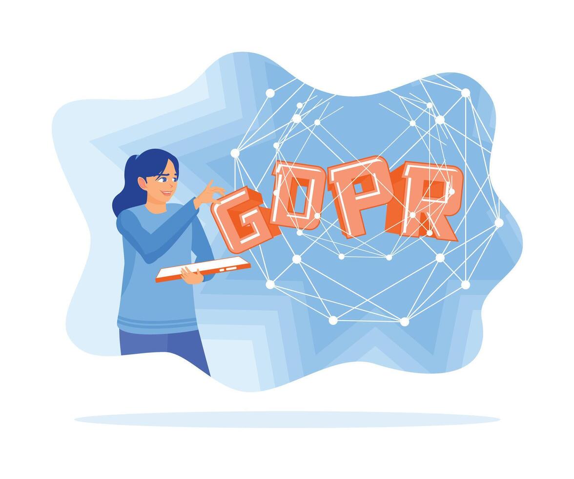 Young women use mobile phones to access personal data protection. General rules for data protection GDPR concept. flat vector modern illustration