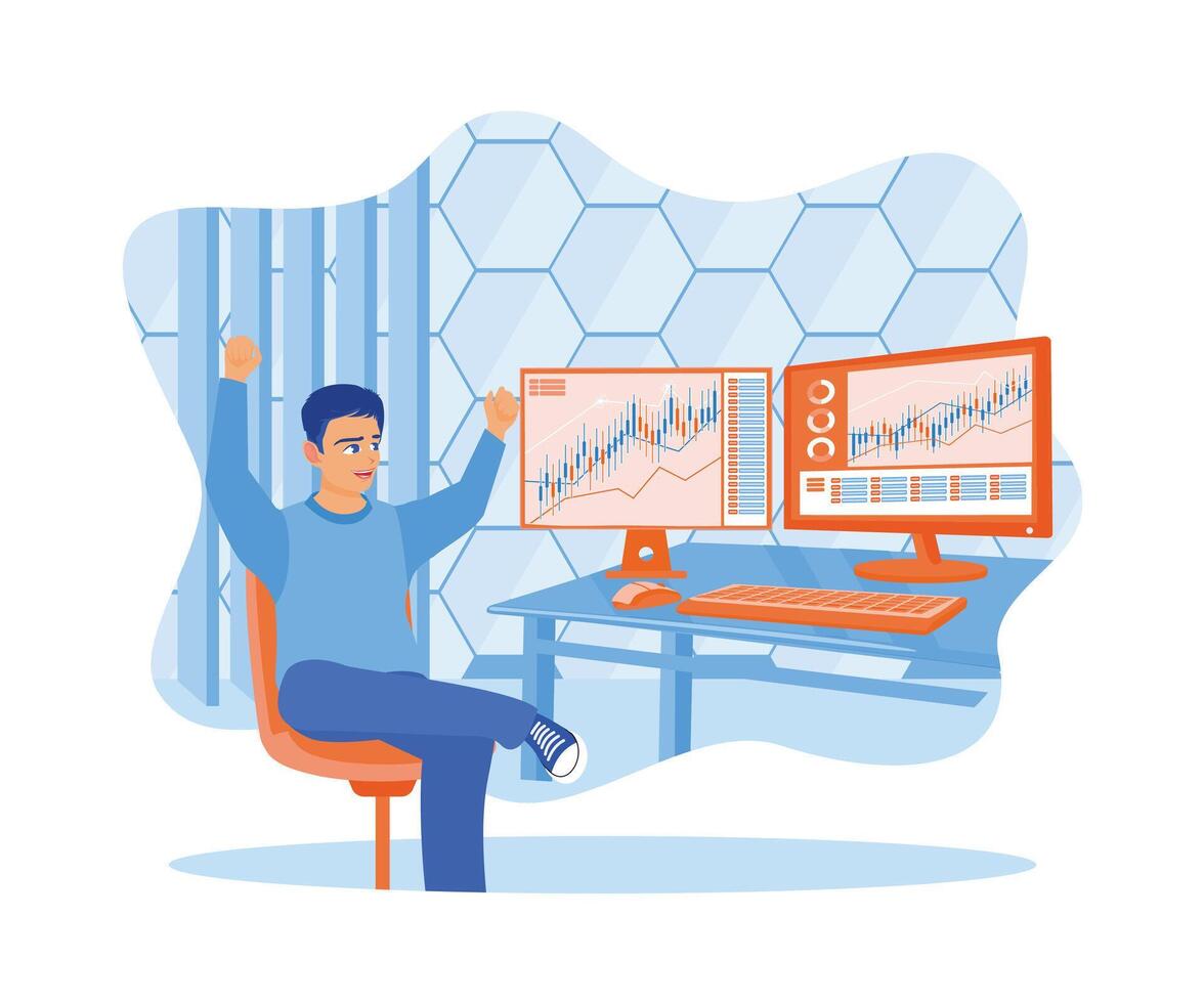 A stock market broker works from home, sitting on a chair with arms raised, celebrating trading success. Stock Trading concept. Flat vector illustration.