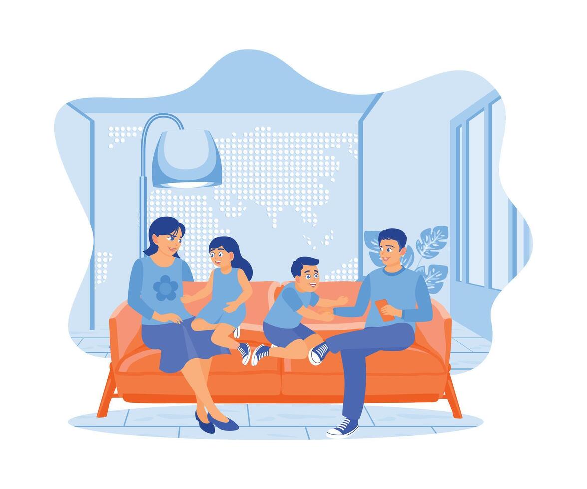 Happy parents and children sitting together on the sofa. They play and laugh together at home. A couple of happy, funny parent concepts. Flat vector illustration.