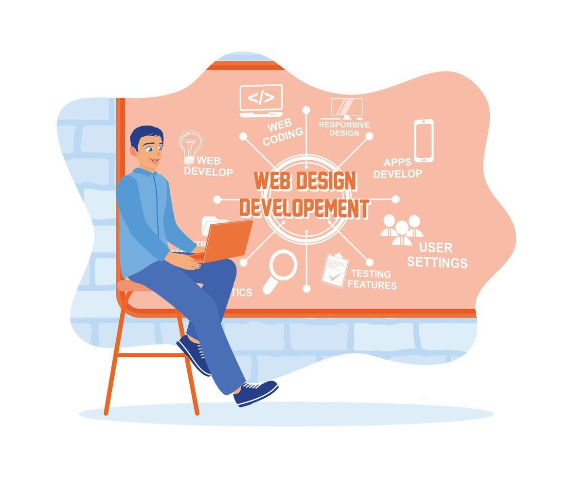 IT expert develops website using laptop. Web development icons are drawn on the board. Web design concept. Flat vector illustration.