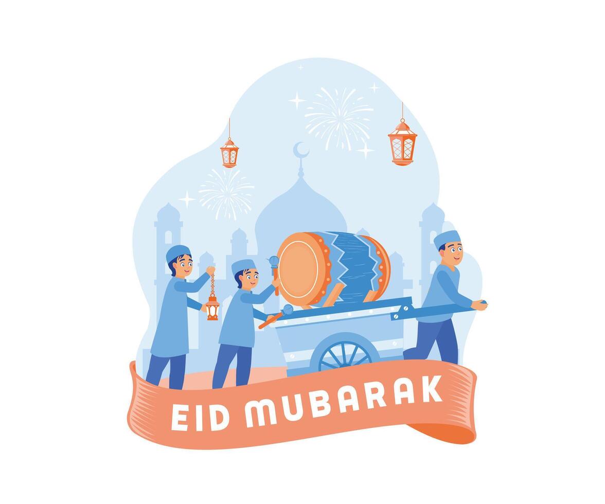 musulmán niños, en el víspera de eid Alabama fitr, sostener takbiran. ellos llevar tambores y linternas y cantar takbir alrededor el aldea. contento eid Mubarak concepto. plano vector moderno ilustración