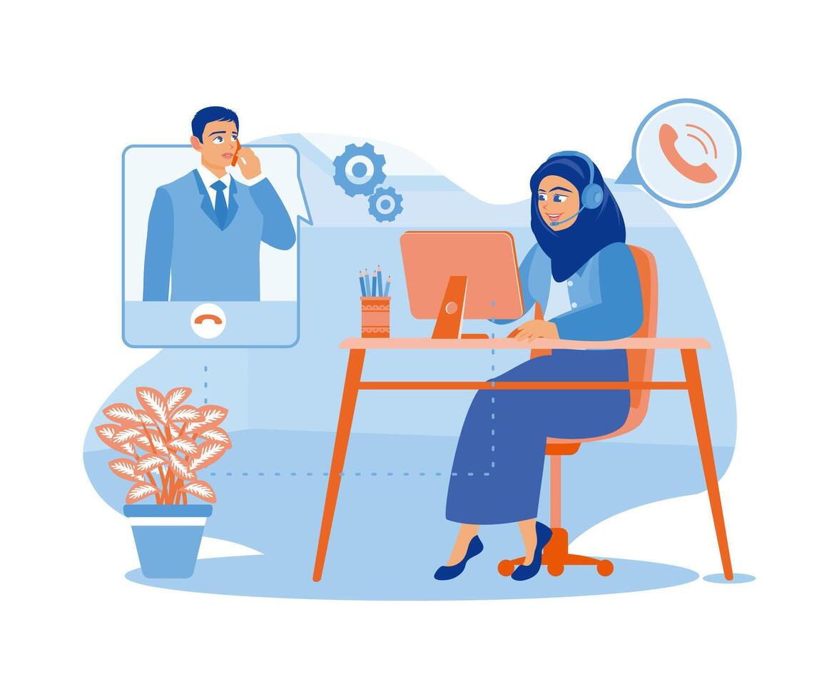 Woman in hijab working in call center office. Talking with clients using heatset in front of computer. Woman with phone calling to customer support service concept. flat vector modern illustration