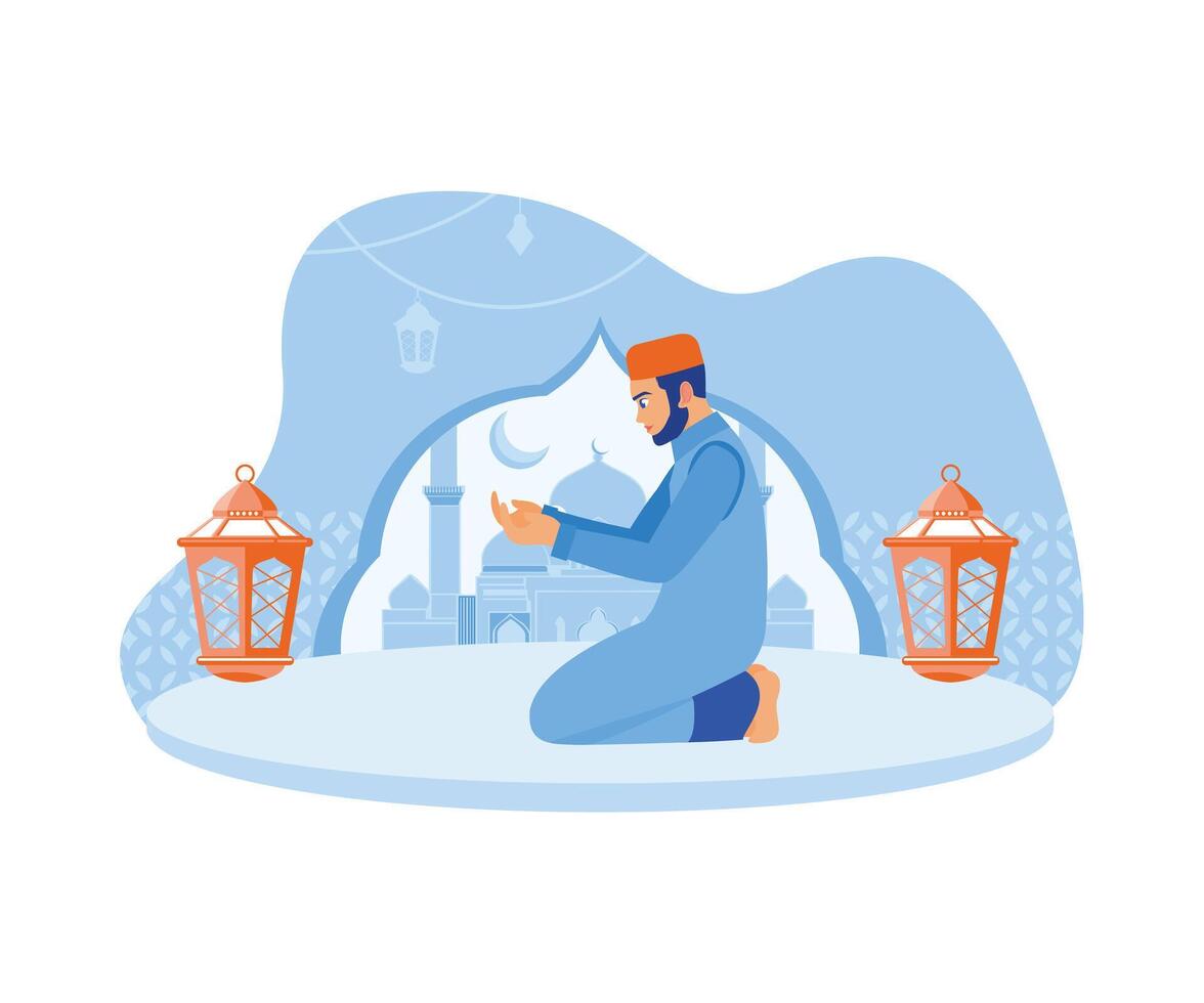 Muslims happily welcome and celebrate Ramadan and Eid al-Fitr. A mature man prays fervently. Ramadan Kareem concept. vector