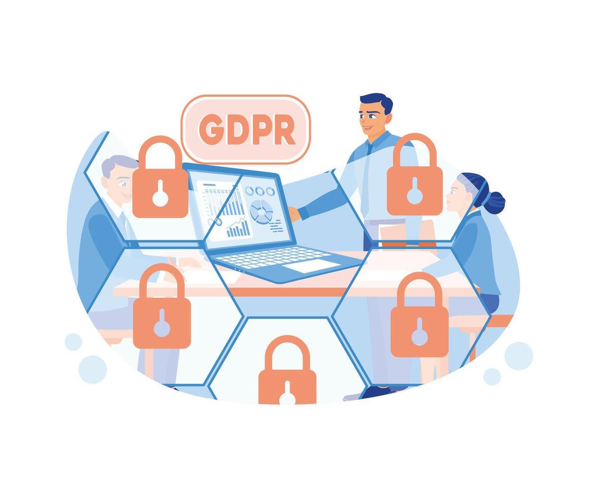 hombre con ordenador portátil conjunto general datos proteccion, información seguridad concepto. el general datos proteccion regulación o gdpr concepto. plano vector moderno ilustración