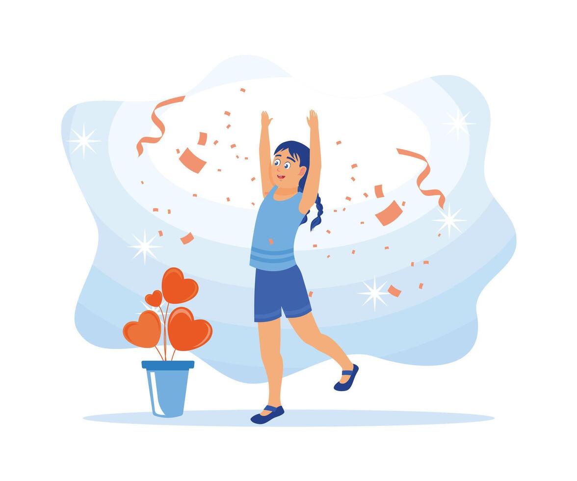 Cheerful little girl celebrating success. Jumping and raising hands with a face full of happiness. Celebration concept. Flat vector illustration.