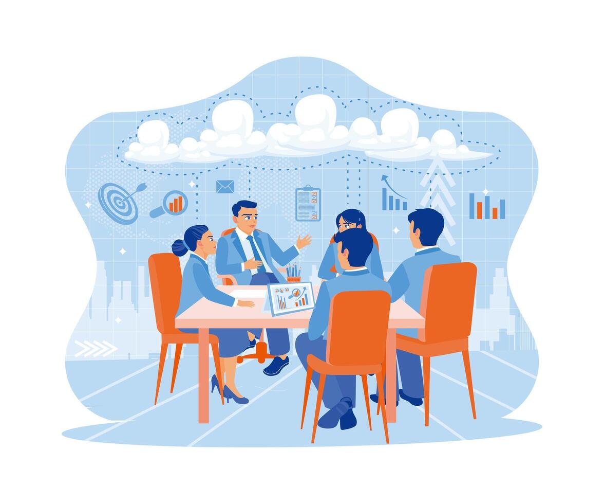 Business team working and talking together. Discussing about starting an IT business at a large conference table using wireless cloud computing services. vector