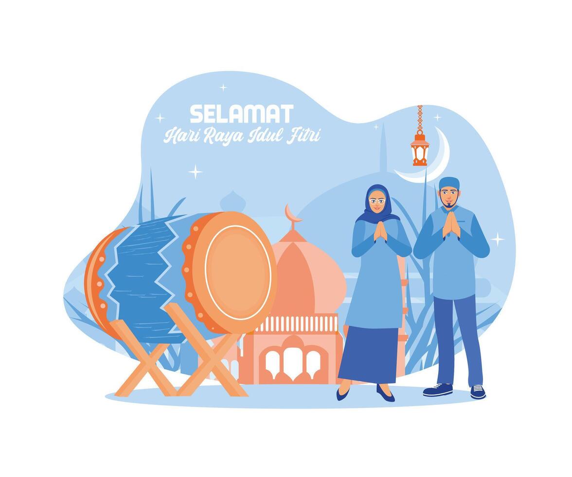 A young man and woman are standing next to the drum. Selamat Hari Raya Idul Fitri meaning  Happy Eid Mubarak concept. flat vector modern illustration