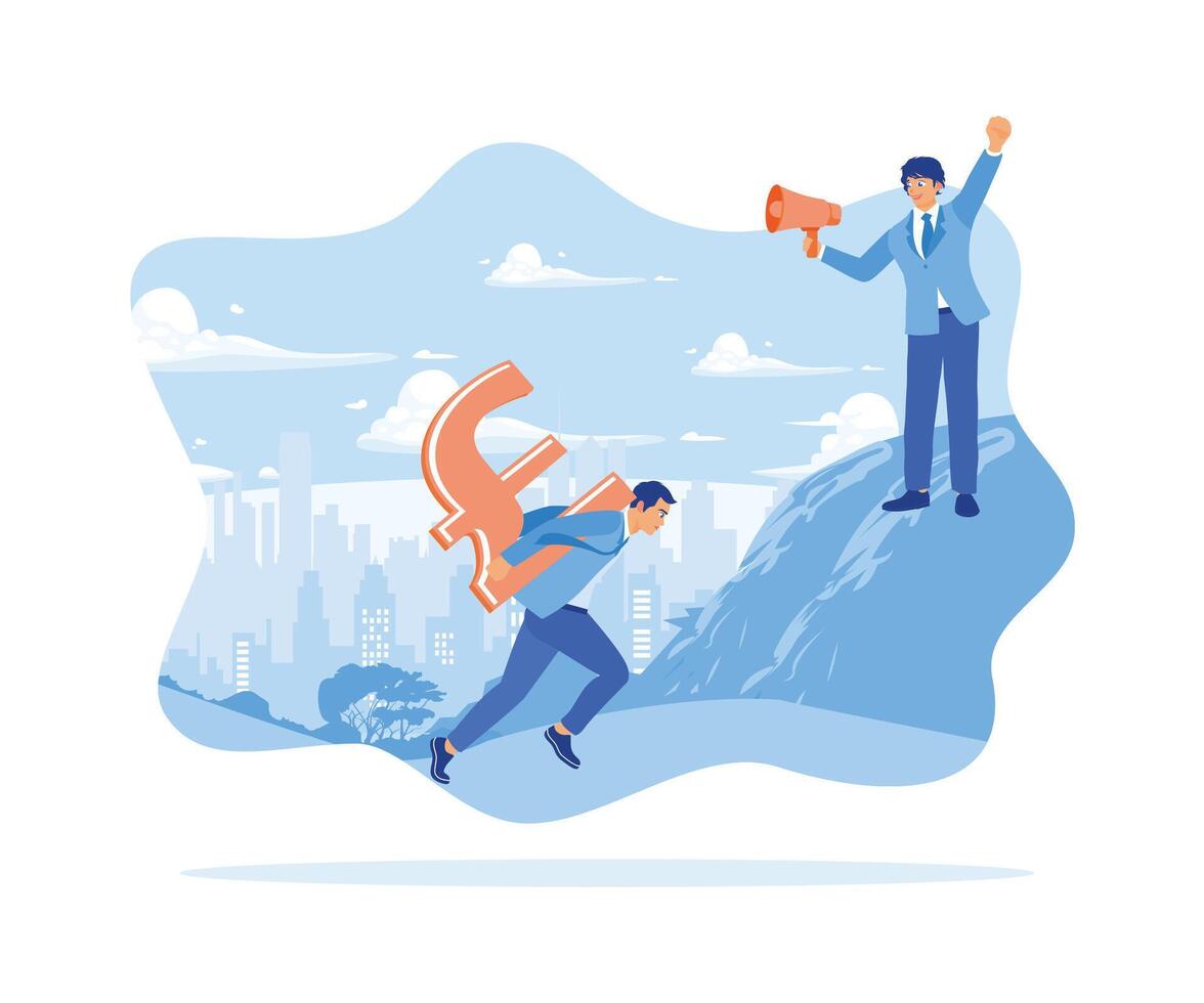 The boss uses a megaphone, giving orders to employees to carry the euro symbol to the top of the cliff. Finance control scenes concept. Flat vector illustration.