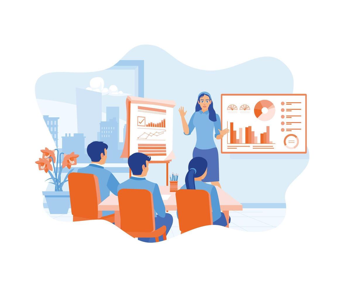 A female leader is holding a presentation meeting with the finance team. Financial growth graph on the projector screen. Business analysis concept. Flat vector illustration.