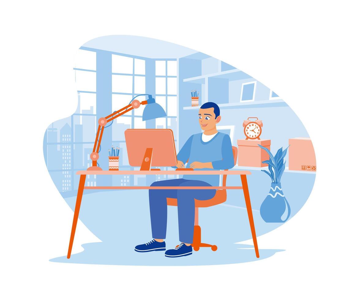 A male businessman is sitting while working in front of a computer. Focus on working with computers. A team of people is sitting at desks with laptops. flat vector modern illustration