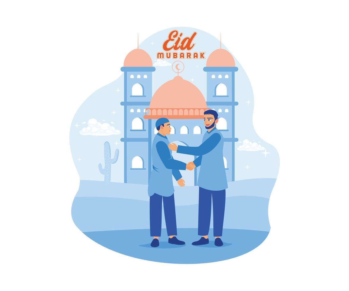 Muslim youth celebrate Eid al Fitr. Greet each other and shake hands. Happy Eid Mubarak concept. flat vector modern illustration