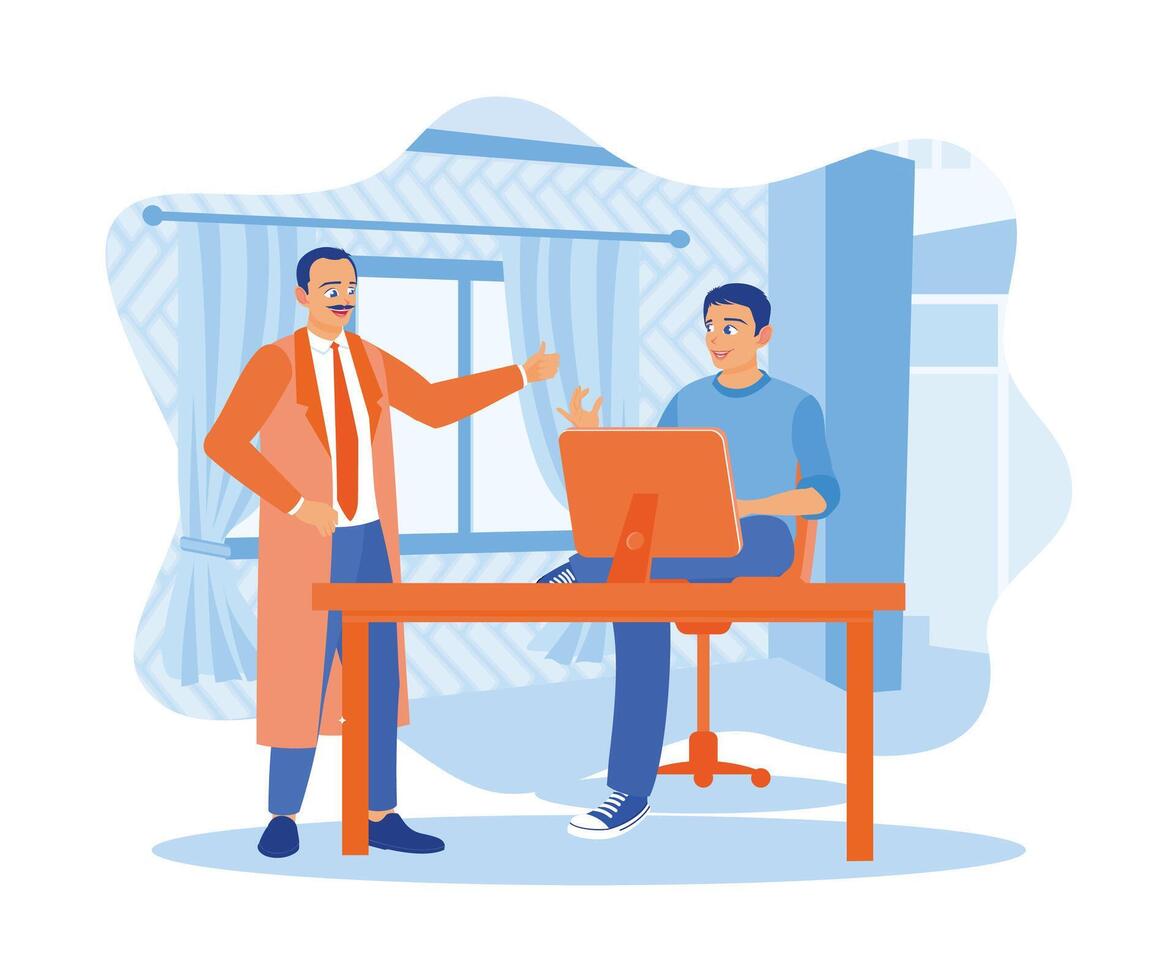 IT expert talking with the manager in the workroom. Using CAD software to develop modern industrial engineering designs. Software developers concept. Flat vector illustration.