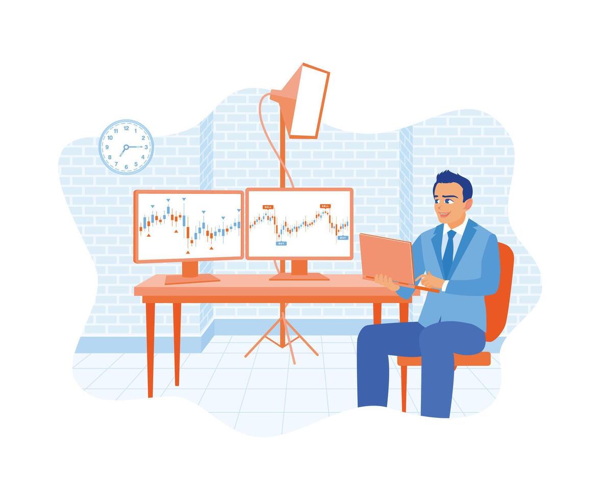 Businessman observing trading charts using a laptop. Candlestick chart visible on a computer screen. Stock Trading concept. Flat vector illustration.