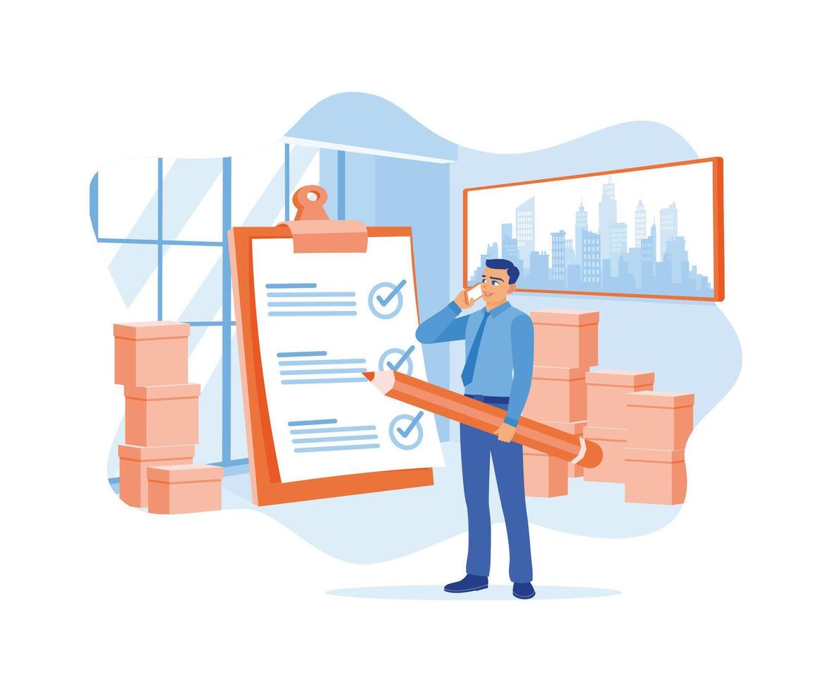 An e-commerce business owner confirms an order. Review customer addresses before sending items via parcel post. Order Confirmation concept. Flat vector illustration.
