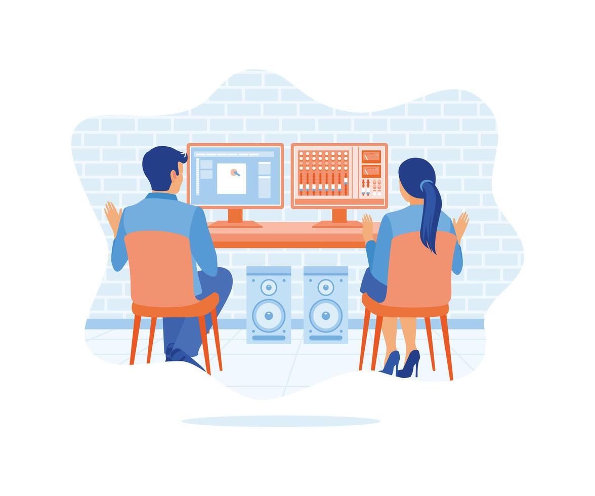 Video editor with female coworker working in front of the two-screen computer. Working on post-production in the creative loft office. Video Editor concept. Flat vector illustration.
