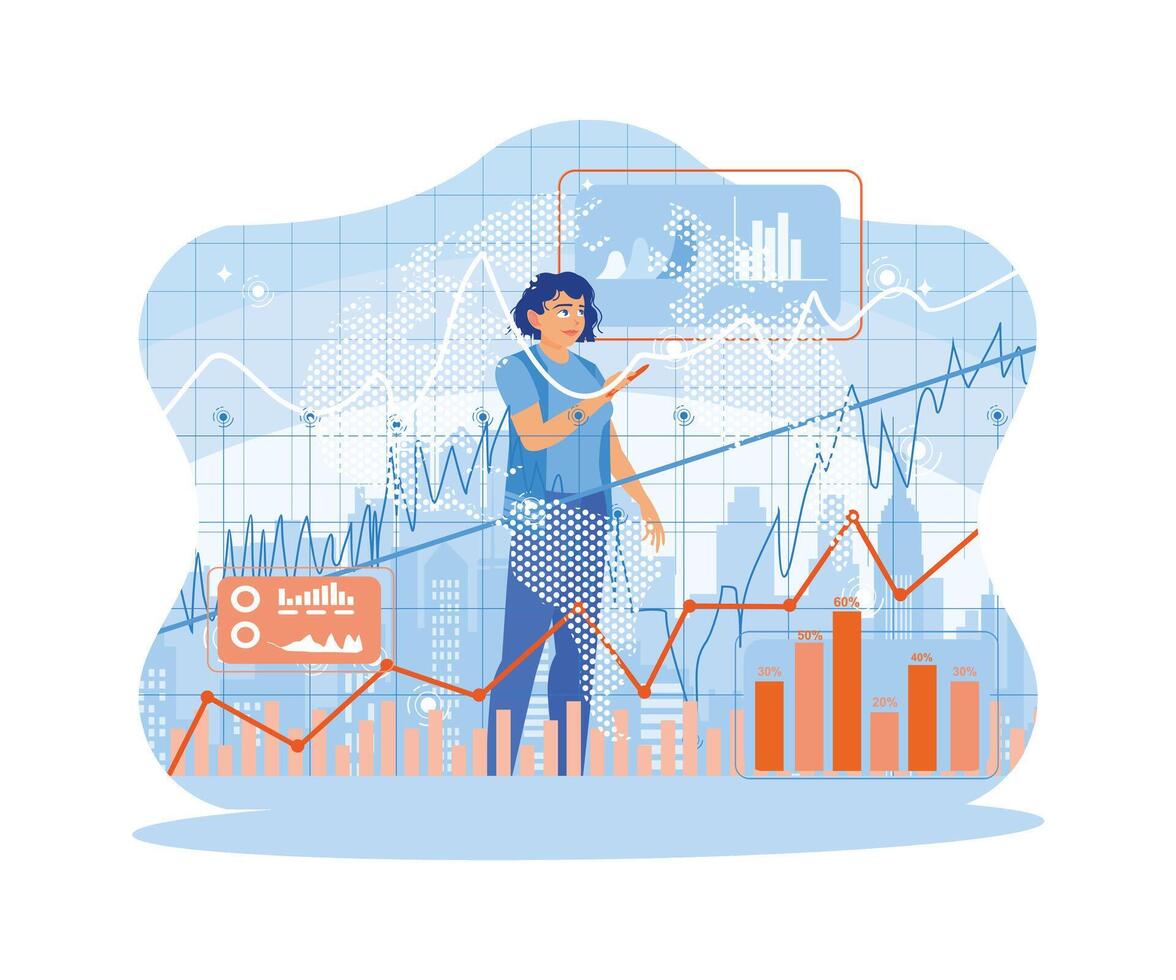 joven mujer utilizando valores mercado comercio gráfico gráfico en pantalla. valores mercado cambio pantalla y negocio bar cuadro. Finanzas y innovación concepto. tendencia plano vector moderno ilustración