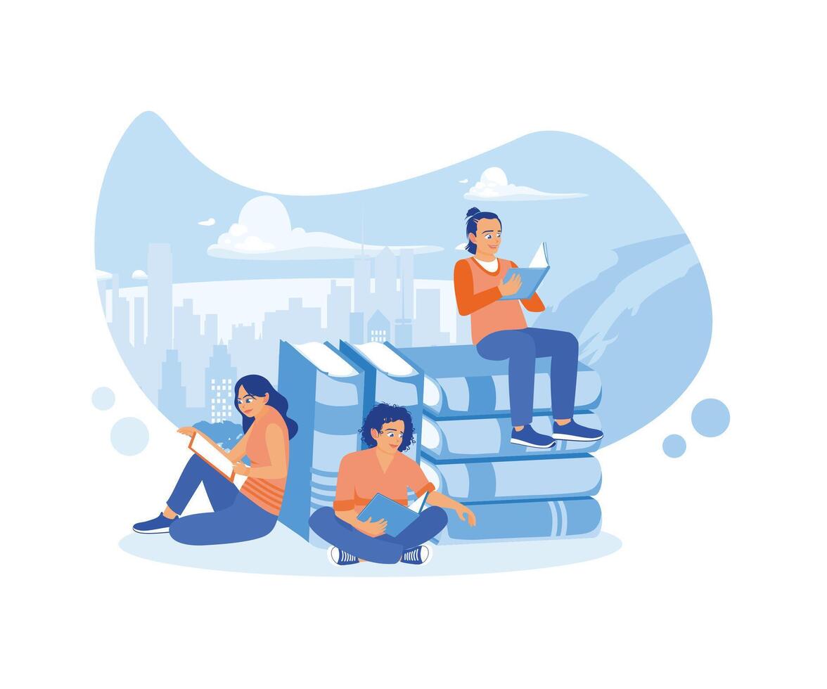 People read books while sitting on a large stack of books. Reading books to take part in a literary festival. Students in the learning process. flat vector modern illustration