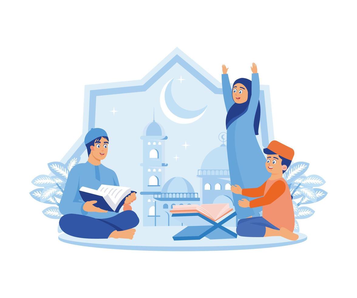 musulmán niños son contento a Bienvenido Ramadán. Adolescente chico leyendo el Corán con niños. Ramadán kareem concepto. plano vector ilustración.