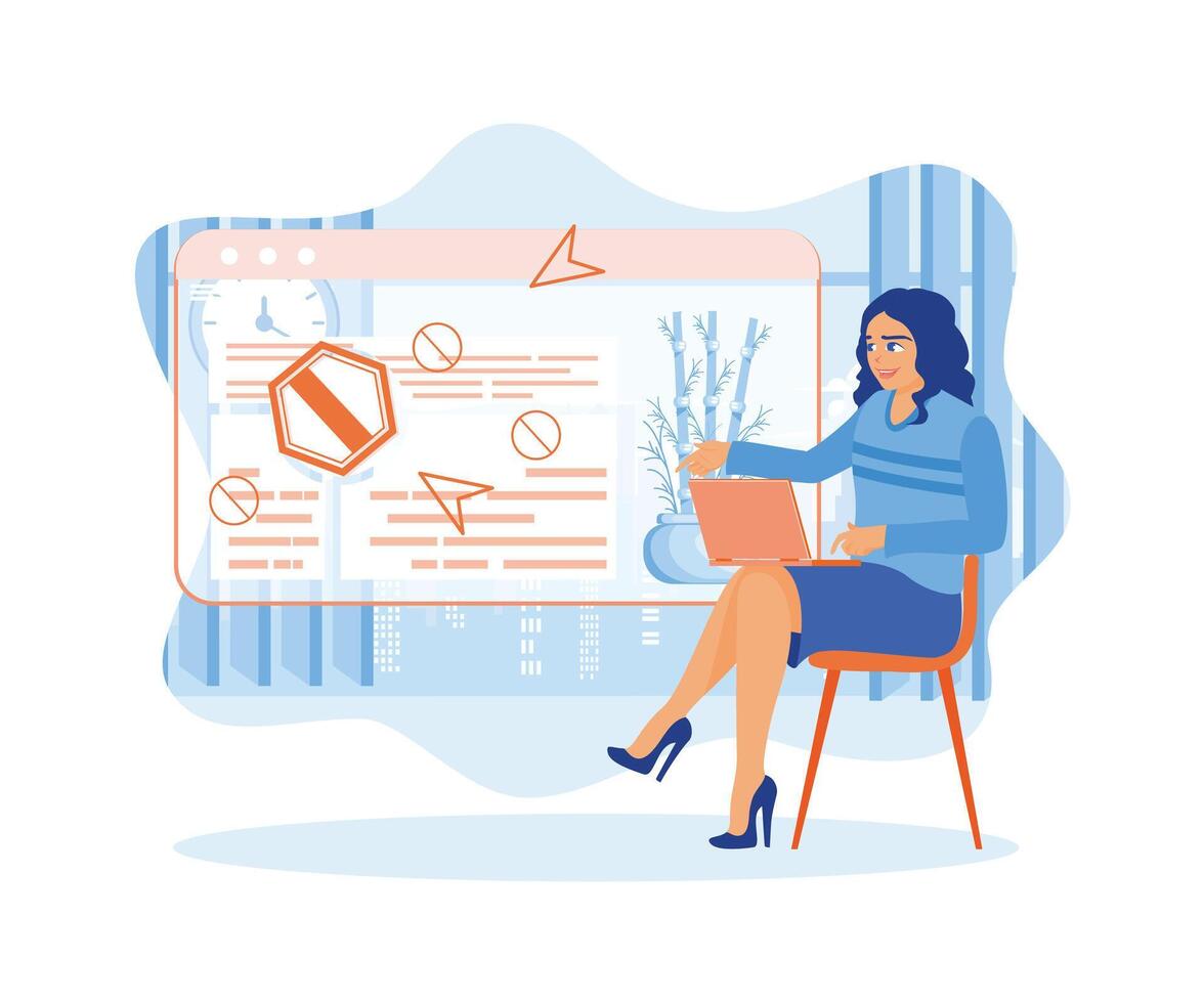 Woman using web window search info. Web design concept. Flat vector illustration.