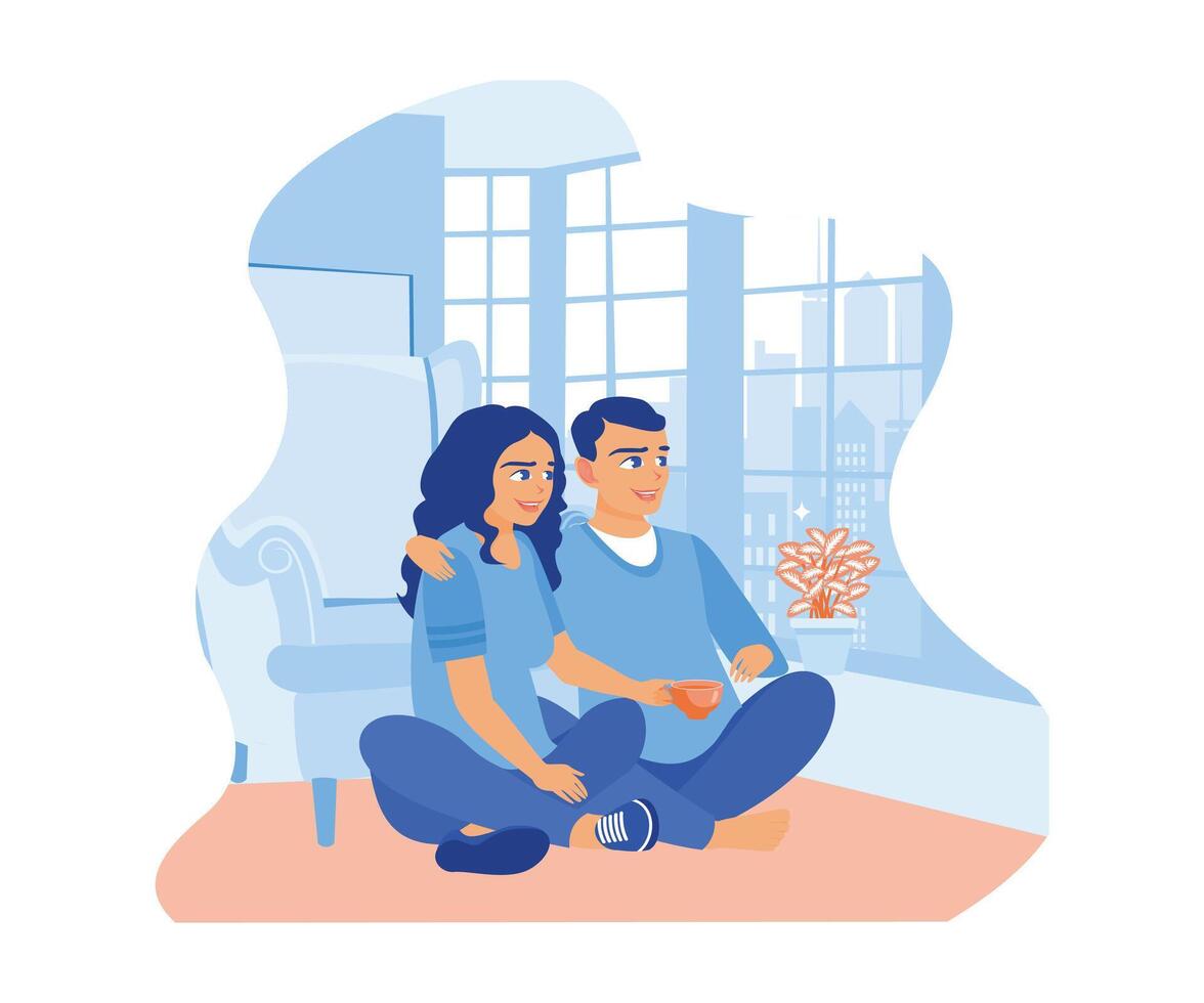 A young couple is sitting on the floor inside the house. Drink tea while chatting together. Smiling woman friends drinking tea at home concept. Flat vector modern illustration.