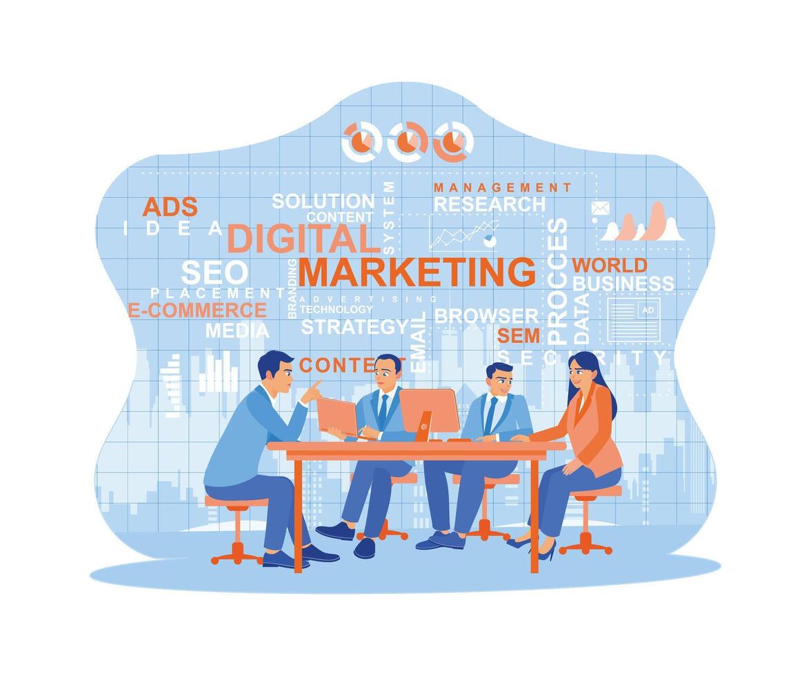 Businesspeople gathered in the meeting room. Discusses online market promotion strategies on digital advertising platforms via social media. Digital Marketing Content concept. vector