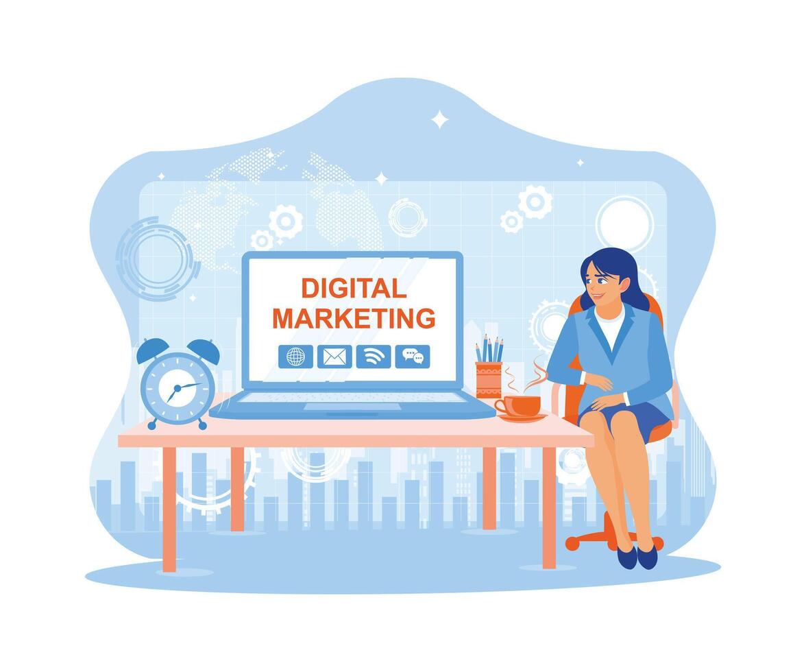 Businesswoman is sitting on a chair next to the table. Using a laptop to create business marketing concepts. Digital Marketing Content Concept vector