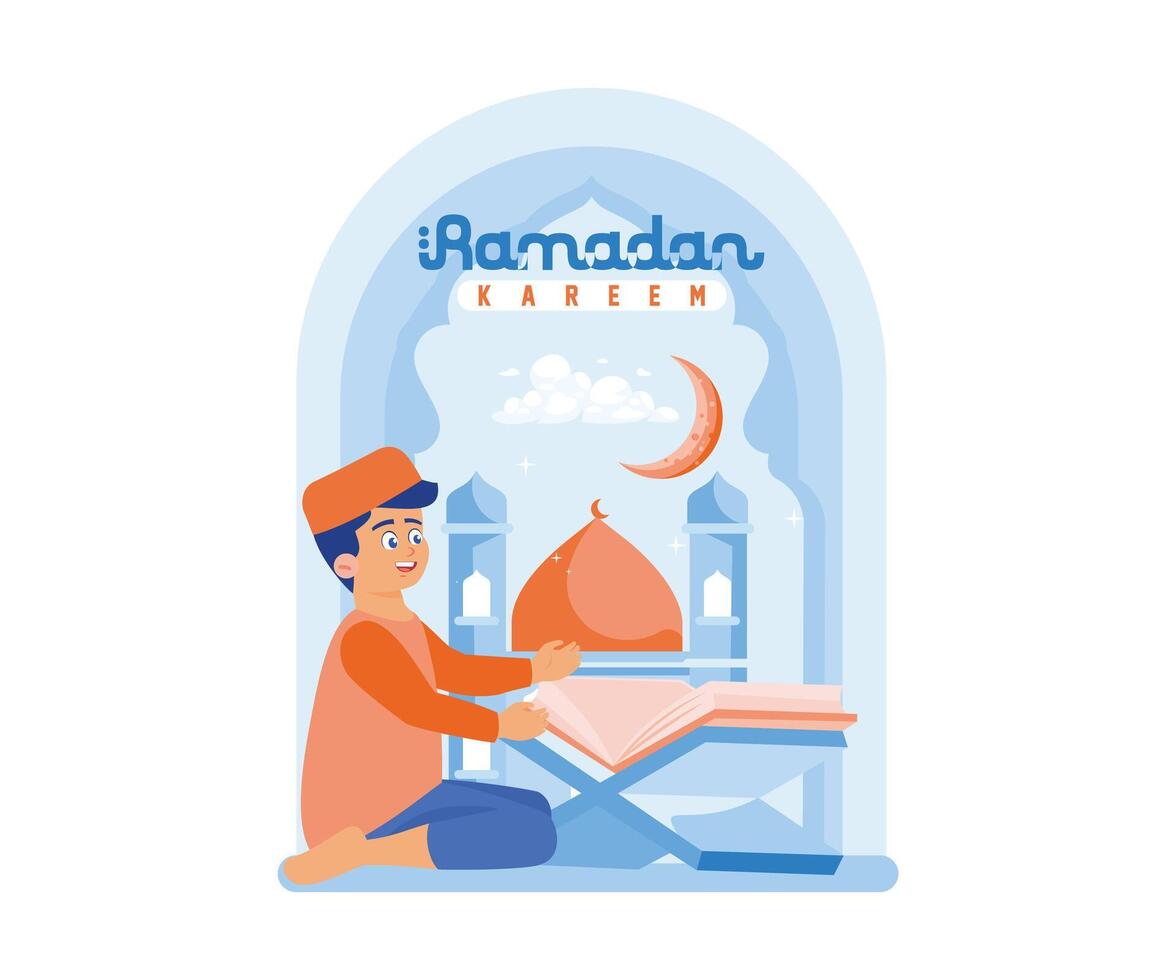 el chico lee el Corán con mezquita decoraciones y un creciente Luna. Ramadán kareem y Ramadán Mubarak saludo diseño concepto. plano vector moderno ilustración