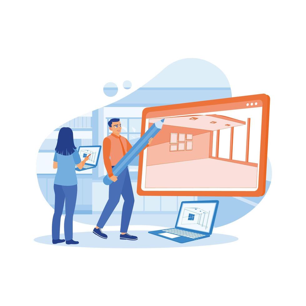 Two employees create interior designs on laptops and digital tablets. They work in the modern offices of an architectural firm. Employee Making concept.  trend flat vector modern illustration