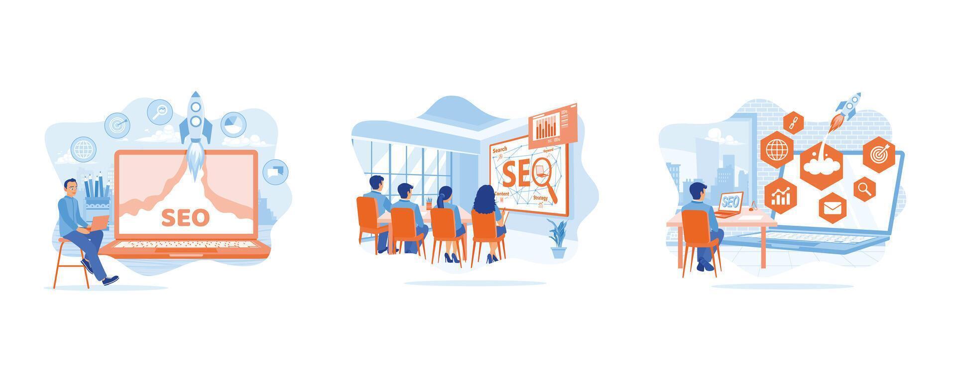 Man, optimize the SEO search engine using a laptop. Office staff hold a presentation in the meeting room. Entrepreneurs use traffic rankings on websites to improve marketing. vector