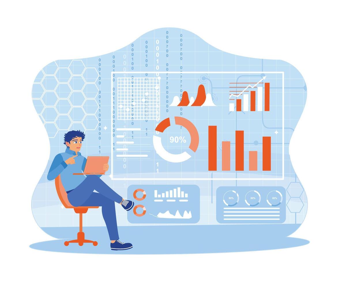 The man works using a laptop to provide information for Key Performance Indicators KPIs. Analyze marketing with charts, graphs, and data. Business intelligence technology and big data concept. vector