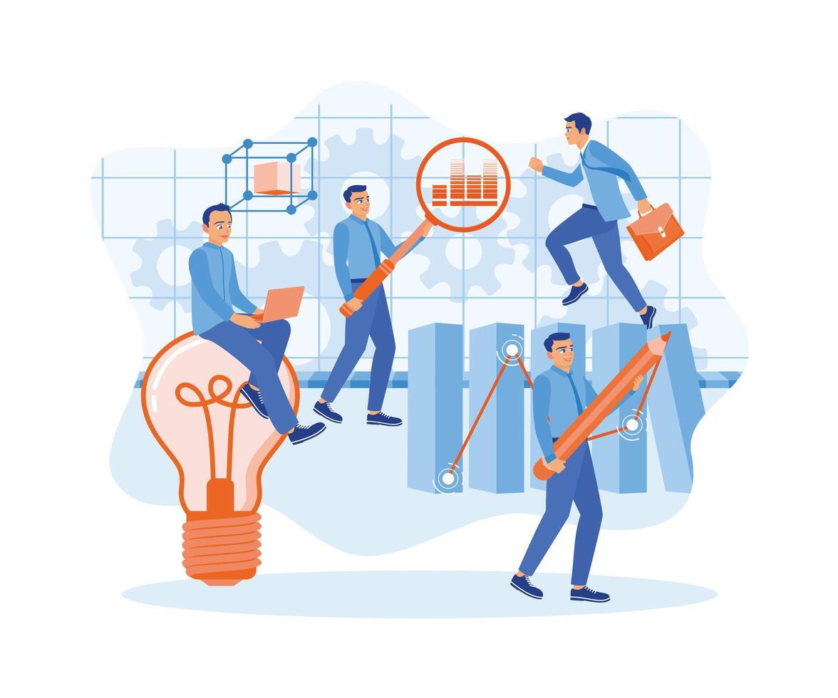 Business team working in modern office. Analyze and plan marketing strategies for new business projects. Marketing concept. Flat vector illustration.