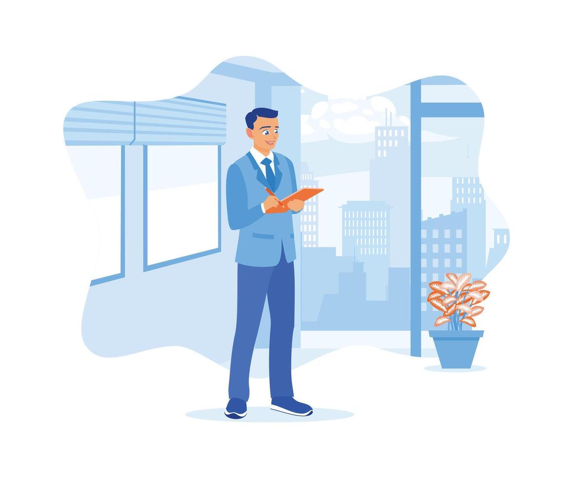 Male boss using a tablet in office. Analyzing office financial data. Finance control scenes concept. flat vector modern illustration