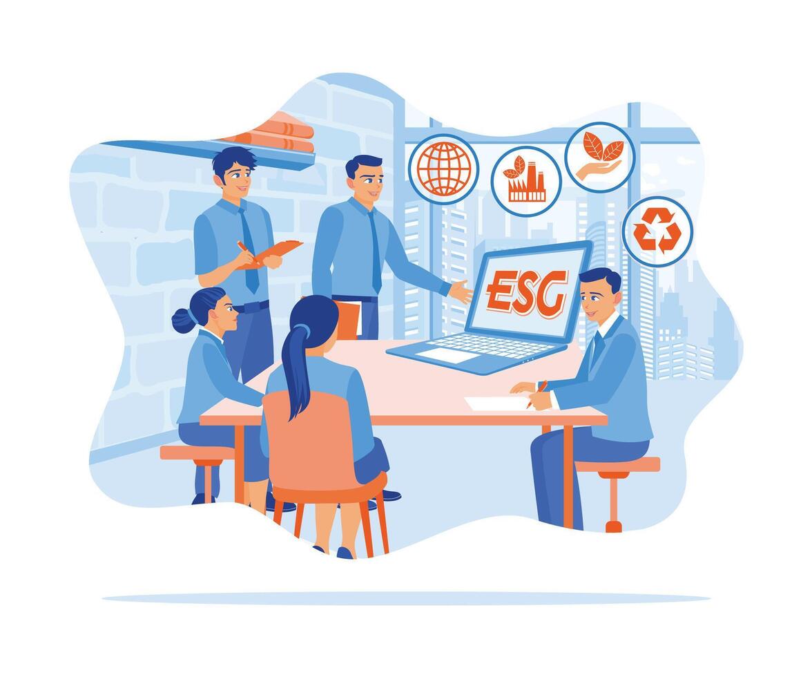 A group of entrepreneurs discuss ESG environmental social governance policies for modern business. The ESG icon appears on the laptop screen. The concept of ESG icon. flat vector modern illustration