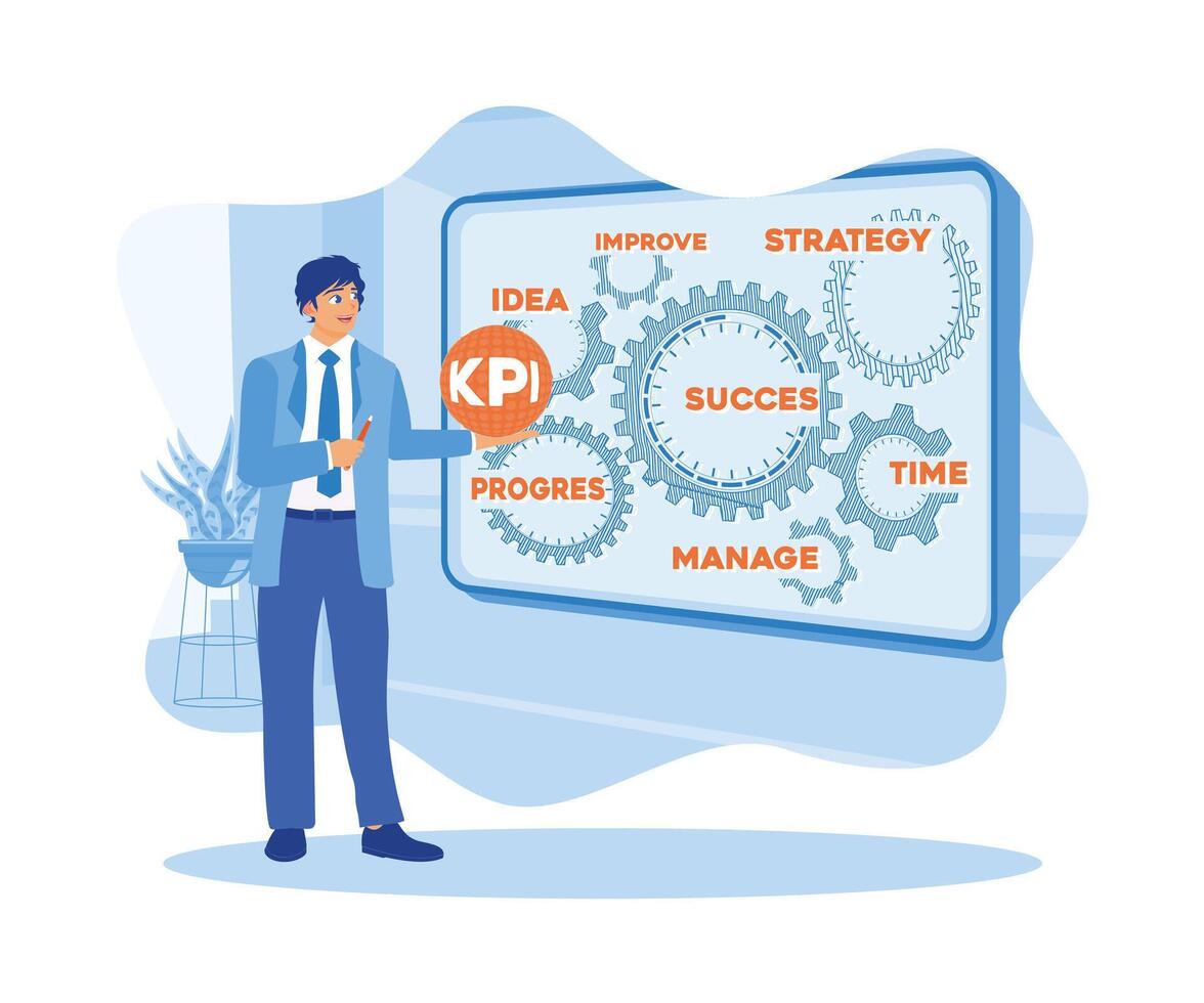 Male managers create company performance mechanisms using gear symbols. Smart KPI concept. vector