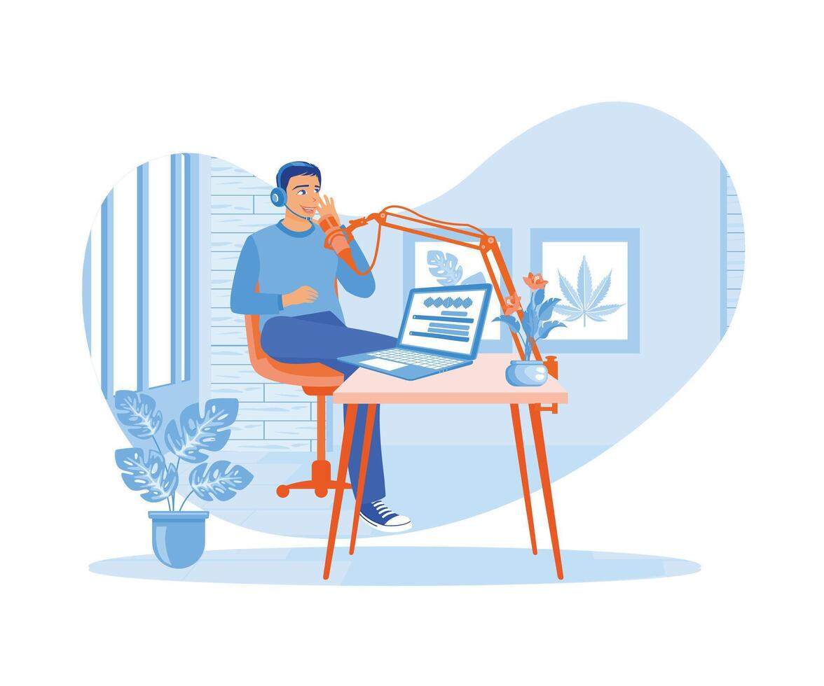 A vlogger creates a podcast in a home studio using a laptop and a professional microphone. Content Creator concept. Flat vector illustration.