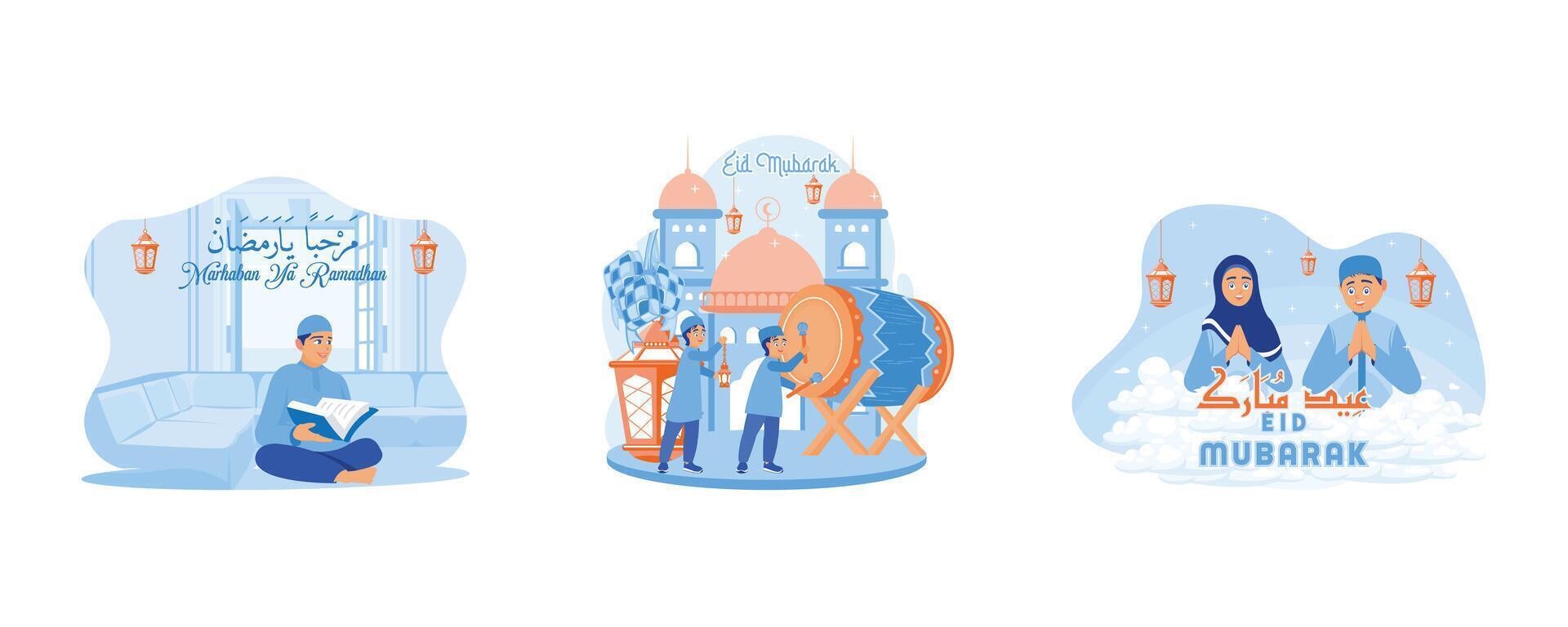 el mes de Ramadán. niños realizar takbir a el mezquita. felicitar eid Alabama fitr. contento eid Mubarak concepto. conjunto plano vector ilustración.