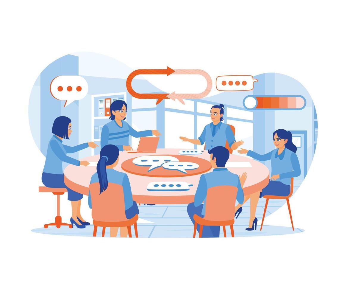 People meet in the office to discuss the concept of communication in social networks. Team communication. flat vector modern illustration